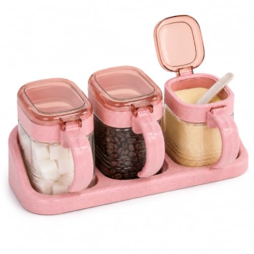 3 Pcs Glass Coffee Station Organizer Set, Pink Sugar Container Jars with Tray, Scoops and Label Stickers for Beans, Candy, Oats, Nuts, Spices
