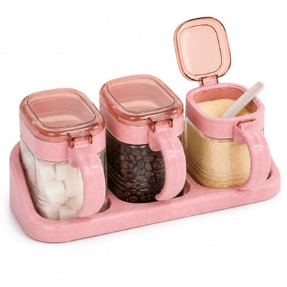 3 Pcs Glass Coffee Station Organizer Set, Pink Sugar Container Jars with Tray, Scoops and Label Stickers for Beans, Candy, Oats, Nuts, Spices