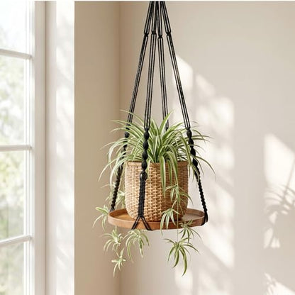 Macrame Plant Hanger 2 Pack, Hanging Planter Shelf Set with Wood Tray for Indoor Plants, Boho Home Decor (Black, Large & Medium)