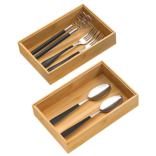 VeyFey Silverware Tray for Drawer, Stackable Kitchen Bamboo Drawer Organizer 9" x 6" x 2" Set of 2 - size: 9" x 6" x 2"