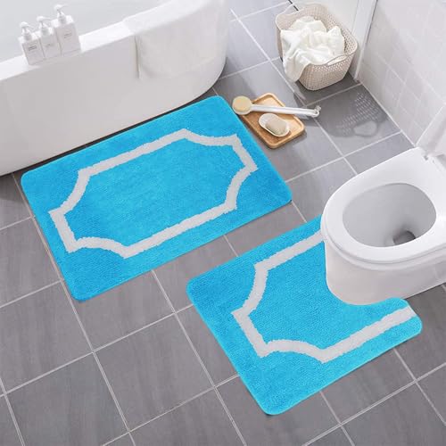 Yafa Home Fashion 2 Piece Modern Design Microfiber Soft Bathroom Rug Set, Non-Slip PVC Backing - color: Regal Frame Turquoise, size: 2 Piece: 20" X 20" + 20" X 32" (Rectangular)