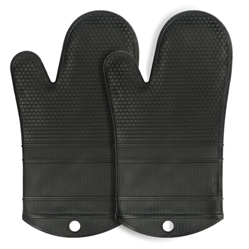 YUTAT Silicone Oven Mitts,Heat Resistant 500F Kitchen Mitts 2PCS,Perfect for BBQ, Baking and Cooking,Black - color: Black-honeycomb Surface, size: 13“L x 7"W-2 Piece