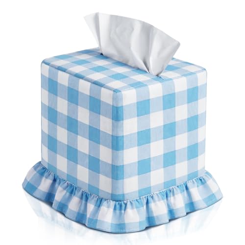 Blue Gingham Tissue Box with Ruffled Cover Cottagecore Handmade Decorative Gingham Napkin Holder for Home Bedroom Living Room Bathroom Vanity Countertop Car Office Kitchen - color: Blue