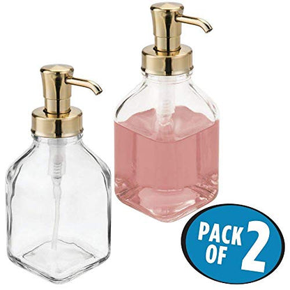 mDesign Square Glass Refillable Liquid Soap Dispenser Pump Bottle for Bathroom Vanity Countertop, Kitchen Sink - Holds Hand Soap, Dish Soap, Hand Sanitizer, Essential Oils - 2 Pack - Clear/Soft Brass - color: Clear/Soft Brass
