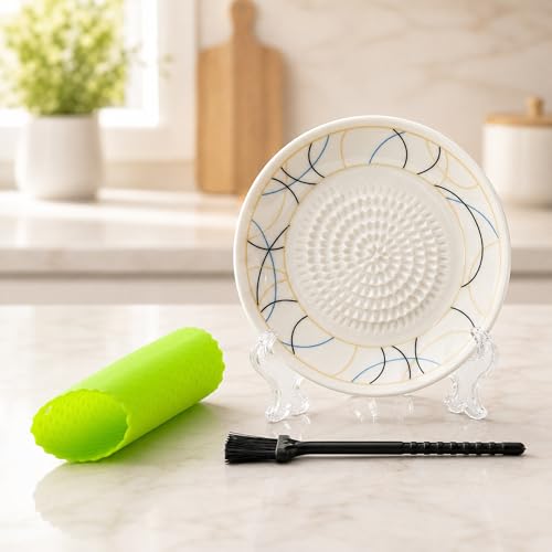 Ceramic Garlic Grater Plate Bowl Tomato Dish Made in Spain Spanish Grating Pan Herb Stripper Peeler Con Tomate Grater Plate Brush Stand Kitchen Gadget Gift Set Ginger Olive Oil Dip(#I) - color: #I