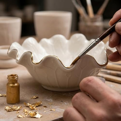 8 Inch Small Lotus Ceramic Decorative Bowl, about15 oz Capacity, Modern Ruffle Lotus Leaf with Gold TrimDesign,Decorative Centerpiece for Entryway Tables, Coffee Tables,Kitchen Counters - size: 8"