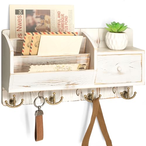 Rebee Vision Key Holder Wall Mount with Drawer for Room Decor, Whitewash | Pine Wood Farmhouse Key Holder for Wall, with 7 Hanging Hooks, Letter Organizer, Ideal Farmhouse Home Decor Solution - color: Whitewash
