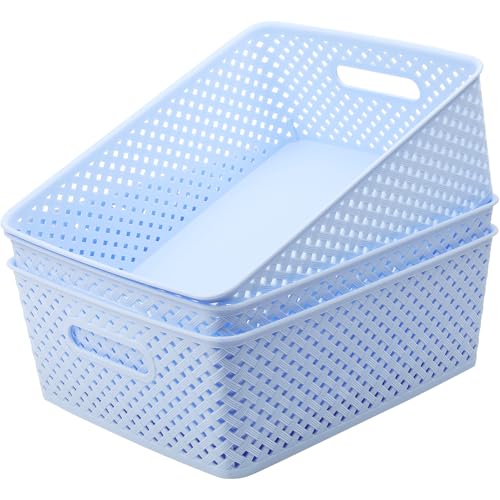 MaxGear 3 Pack Plastic Storage Baskets, Large, Blue | Durable Woven Plastic with Built-In Handles, Suitable for Shelves, Closets, Cabinets, Bathrooms and Offices - color: Blue, size: Large