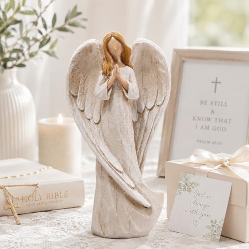 Hodao Praying Angel Figurine Resin Guardian Angel Statue for Home Decor, Elegant White Blessing Sculpture for Shelf Table Mantel, Keepsake Gift for Mom, Women and Family - style: praying