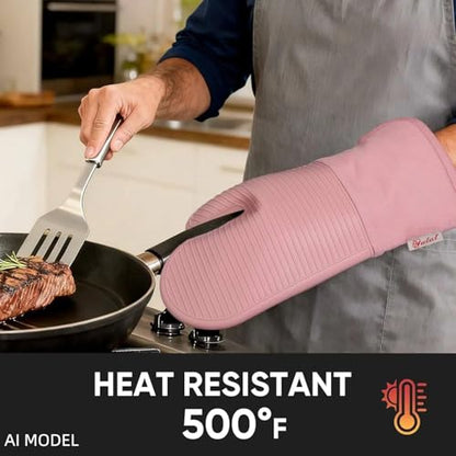 YUTAT Silicone Oven Mitts,High Heat Resistant Up to 500 Degrees,Waterproof Cooking Gloves with Soft Polyester Filling,Kitchen Potholder Set - Perfect for BBQ,Baking and Cooking,Pink,2 Pcs Set - color: Pink-striped Surface, size: 13“L x 7"W-2 Piece