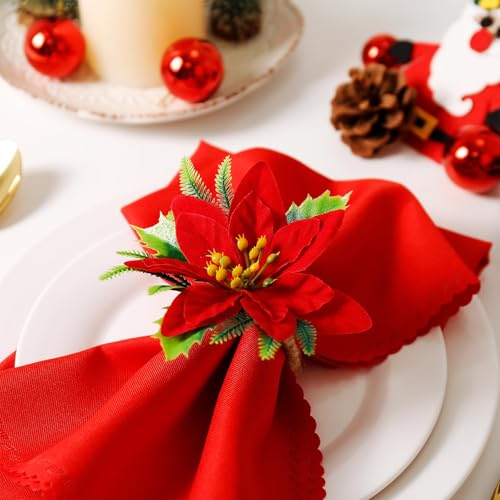 wonlex Flower Napkin Rings Set of 12, Farmhouse Red Green Napkin Rings Holder Buckle for Xmas Mother's Day Dinner Parties Wedding Table Setting(Red Flower) - style: Xmas Flower