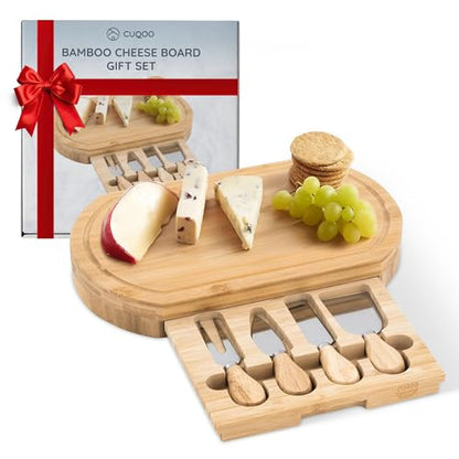 CUQOO Oak Wooden Cheese Board Set with 4 Knives Slide Out Drawer – Large Cheese Platter Cutting for Cracker and Meat | Wooden Serving Plate Tray | Unique Housewarming Gift for Christmas & Birthday