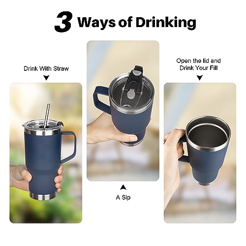 20 oz Tumbler with Handle, Stainless Steel Insulated Tumbler with Lid and Straw, Double Wall Vacuum Coffee Mug Tumbler, Insulated Coffee Thermal Cup for Cold and Hot (Navy Blue) - color: Navy Blue, size: 20 Ounces