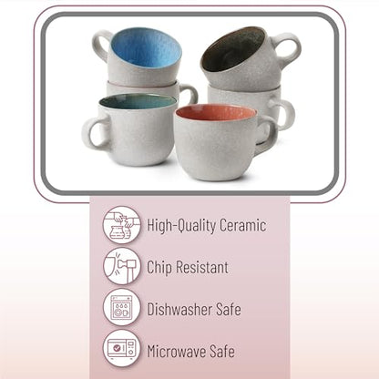 BTaT- Porcelain Coffee Mugs Set, 14 oz (415 ml), 6 Pack, Ceramic Coffee Mugs, Matte White Outside and Colorful Inside, Restaurant Cups for Tea, Cappuccino, Cocoa, Cereal, Mug Gift Set, Dishwasher Safe - color: Matte White