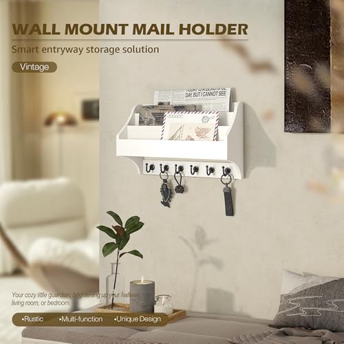 Rebee Vision Mail Organizer Wall Mounted with 6 Key Hooks for Office, White | Pine Wood, Key Holder Wall Mount, Mail Holder, 3-Tier Letter Slots, key Hanger, Entryway Storage, Apartment Rustic Aesthetic - color: White