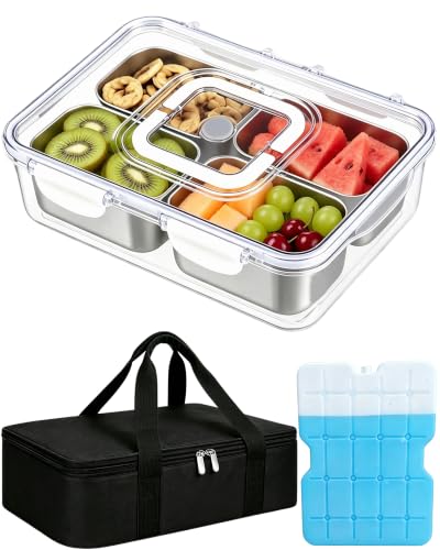 Snackle Box Container, Stainless Steel Divided Serving Tray with Lid and Handle,Large Snack Tray for Fruit Veggie, 4-Compartment Snack Platter for Travel Party Beach Picnic,with Ice Pack(Silver White) - color: Silver White, size: 4 Compartment (13.38"L x