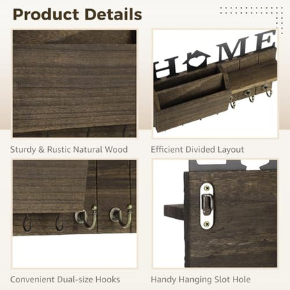 Key and Mail Holder for Wall, Wall Mount with Shelf and 7 Hooks, Rustic Farmhouse Wooden Entryway Organizer, for Hallway Kitchen Decorative