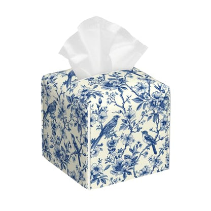 Bird on Blooming Branches Tissue Box Cover Square, Blue Flower Tissue Box Holder with Bottom Belt Leather Facial Paper Organizer Dispenser for Bathroom Bedroom Dresser Night Stand Tabletop - color: Bird on Blooming Branches