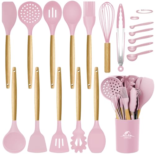 MIBOTE Silicone Cooking Kitchen Utensils Set, Wooden Handle, Pinky | BPA-Free, Non-Toxic Silicone Turner, Tongs, Spatula, Spoon Set – Great for Nonstick Cookware, Heat-Resistant, Easy Clean - color: Pinky
