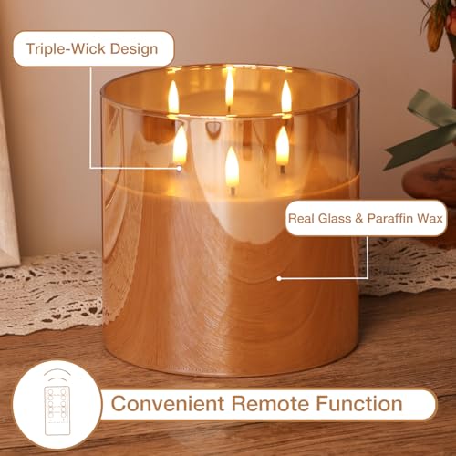 Large 3 Wick Gold Glass Flameless Pillar Candle with Remote | 6x6 inch LED Candle Flickering, Triple Wick, 2 AA Battery Powered, Accent Home Decor Gift - color: Amber Gold