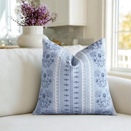 Blue Strips Throw Pillow Cover Floral 18x18 inch Neutral | Farmhouse Pillow Covers Coastal Boho Deco Couch Cushion for Sofa Living Room Bedroom - color: Grey Blue