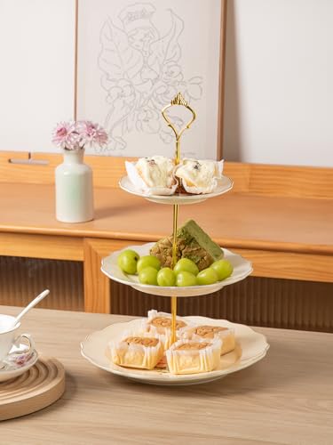 Sweejar 3 Tier Ceramic Cake Stand Wedding, Dessert Cupcake Stand for Tea Party Serving Platter(Rose) - color: Rose