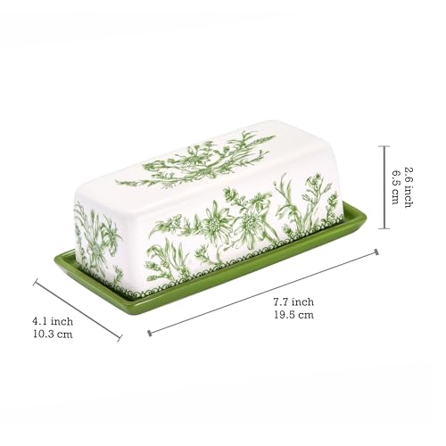 Bico Green Garden Toile De Jouy Ceramic Butter Dish with Lid, Wide Butter Keeper for Counter, Kitchen Countertop, Microwave and Dishwasher Safe - color: Green Garden Toile De Jouy