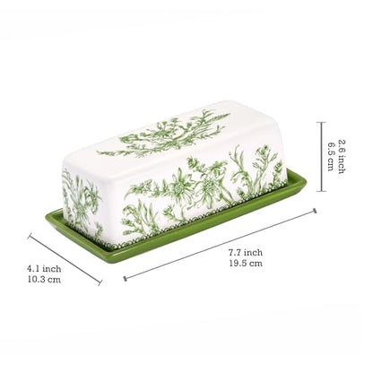 Bico Green Garden Toile De Jouy Ceramic Butter Dish with Lid, Wide Butter Keeper for Counter, Kitchen Countertop, Microwave and Dishwasher Safe - color: Green Garden Toile De Jouy
