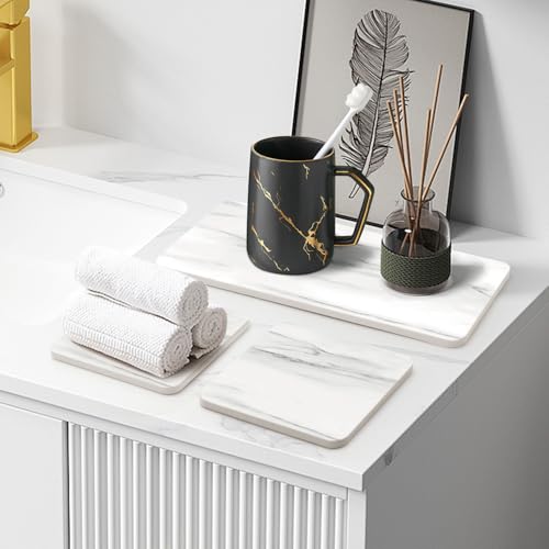 4 Water Absorbing Stone Drying Tray Bathroom Sink Kitchen Counter Soap Dish | Small Diatomite Toothbrush Holder Quick Dry Mat Marble Bathroom Vanity Trays Diatomaceous Earth Dish Coaster Kitchen Counter - color: White Marble