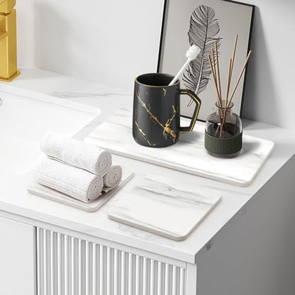 4 Water Absorbing Stone Drying Tray Bathroom Sink Kitchen Counter Soap Dish | Small Diatomite Toothbrush Holder Quick Dry Mat Marble Bathroom Vanity Trays Diatomaceous Earth Dish Coaster Kitchen Counter - color: White Marble