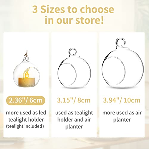 108 Pcs Mini Hanging Tealight Holder with LED Candles, 2.36in Hanging Glass Globes Candle Holder, Hanging Glass Terrarium Glass containers for Wedding Party Tree Decoration (Contains LED Candles) | Includes Flameless Votives, 2.36-Inch Clear Globes, Ready