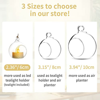 108 Pcs Mini Hanging Tealight Holder with LED Candles, 2.36in Hanging Glass Globes Candle Holder, Hanging Glass Terrarium Glass containers for Wedding Party Tree Decoration (Contains LED Candles) | Includes Flameless Votives, 2.36-Inch Clear Globes, Ready