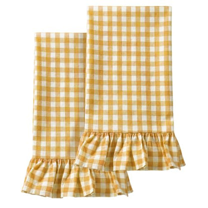 HunnmingRe Yellow Kitchen Towels Set of 2, 100% Cotton Ruffled Gingham Dish Towels 18"x28" Tea Cloths Classic Plaid Pattern for Farmhouse Charm, Drying Dishes, Entertaining Guests - color: Yellow, style: Gingham