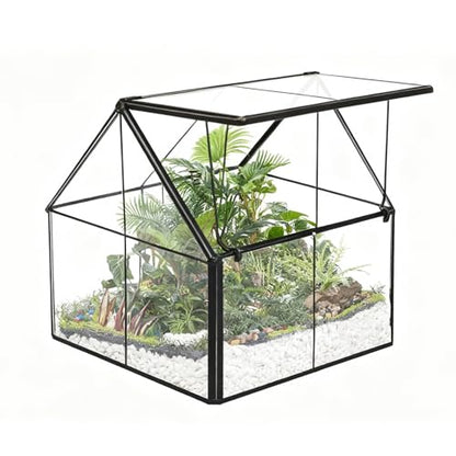 House Shape Glass Terrarium Planter with Swing Lid Black Frame | Black metal frame transparent glass panel, suitable for DIY planting of small succulent plants and mosses - size: 4.3"L x 4.3"W x 4.9"H