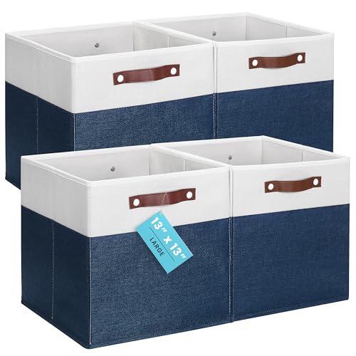 OrganiHaus 13x13 Cube Storage Bins, Set of 4 - Fabric Storage Cubes | Sturdy, holds its shape; odor-free; fits IKEA Kallax and Expedit; vegan leather handles - color: Navy Blue Base / Off-White, size: (13x13) Leather Handles