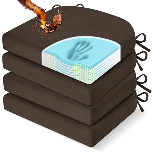 downluxe Chair Cushions for Dining Chairs, Memory Foam Linen Kitchen Chair Pads with Ties, Waterproof, Stain-Resistant and Washable Cover, 17" x 16" x 2.5", Brown, 4 Pack - color: Brown, size: Pack of 4
