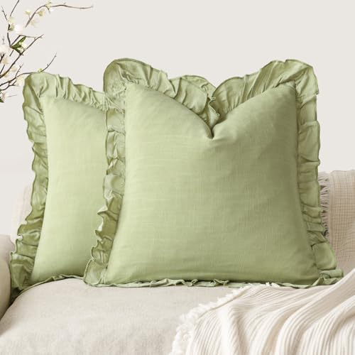 Foindtower Set of 2 Decorative Linen Fringe Ruffle Throw Pillow Covers Soft Boho Farmhouse Cushion Cover Cozy Accent Retro Pillowcase for Couch Sofa Bed Living Room Home Decor,18×18 Inch,Light Green - color: Light Green, size: 18" x 18" (Pack of 2)
