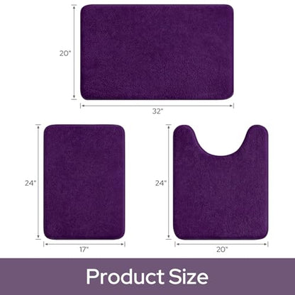 HOMEIDEAS Upgraded Bathroom Rugs Set 3 Piece, Ultra Soft Memory Foam Bath Mats, Super Absorbent Non Slip Washable U-Shaped Toilet Bath Rug (Purple, 17"x24"+20"x32"+U-Shaped 20"x24") - color: Purple