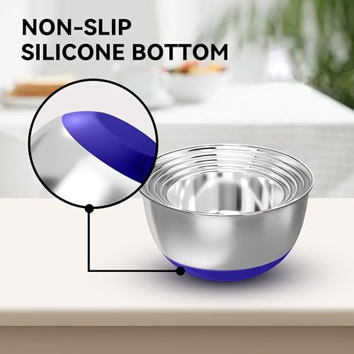 KITEISCAT Stainless Steel Mixing Bowls with Lids – Set of 5 Large Nesting Metal Bowls for Kitchen, Baking, Cooking, Food Prep & Storage, Non-Slip Base, Dishwasher Safe,Blue - color: Blue