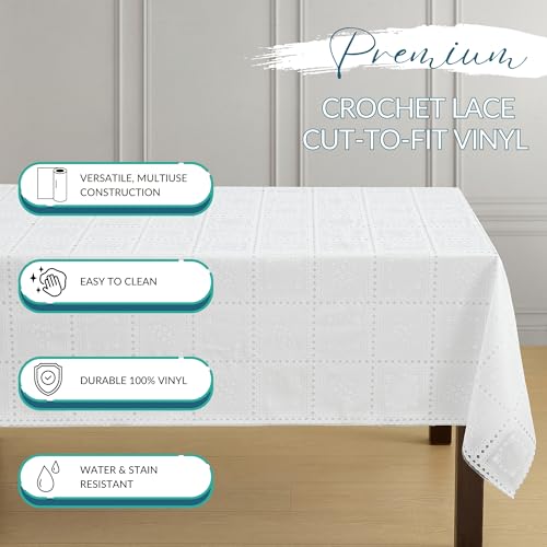 Threadmade Crochet Lace-Inspired 3-Yard Cut-to-fit Vinyl Tablecloth/Table Protector, White - 54" W x 108" L - color: White