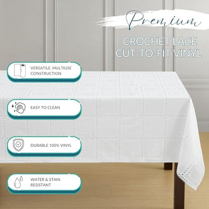 Threadmade Crochet Lace-Inspired 3-Yard Cut-to-fit Vinyl Tablecloth/Table Protector, White - 54" W x 108" L - color: White