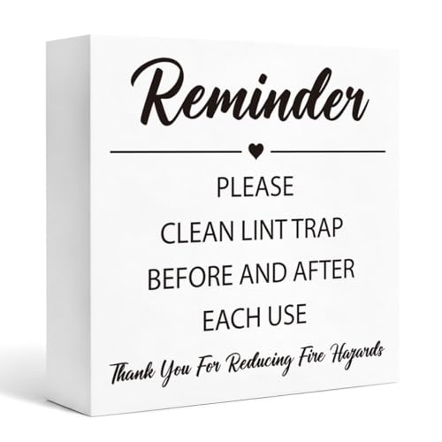 Laundry Room Reminder Sign Rustic White Wood Box Block Plaque, Please Clean Lint Trap Before and After Each Use Farmhouse Shelf Tabletop Safety Decor 5x5 Inches - color: Homre Sign 22