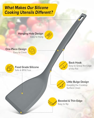 Pack of 4 Silicone Cooking Utensils Set, Non Stick Solid Spatulas and Heat Resistant Slotted Spoons with Back Hooks, Ideal BPA Free Kitchen Utensils Set for Frying,Serving,Turning,Stirring (GRAY) - color: Gray