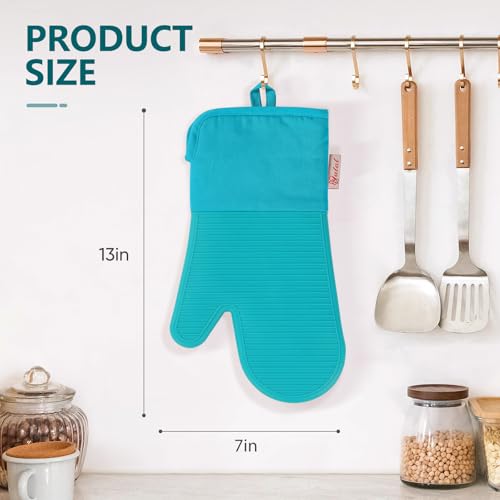 YUTAT Silicone Oven Mitts,High Heat Resistant Up to 500 Degrees,Waterproof Cooking Gloves with Soft Polyester Filling,Kitchen Potholder Set - Perfect for BBQ, Baking and Cooking,Green,2 Pcs Set - color: Green-striped Surface, size: 13“L x 7"W-2 Piece