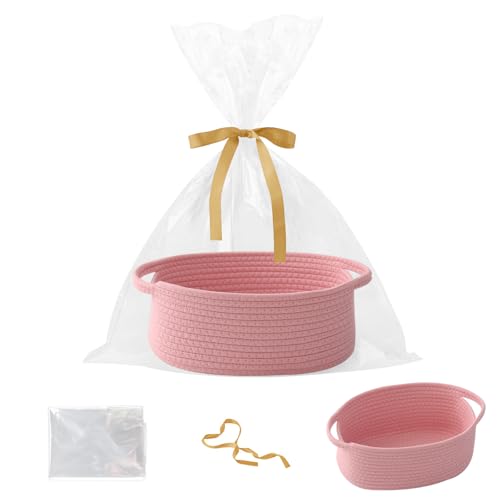 Pink Woven Rope Basket - Baby Gift Basket with Bag & Ribbon | Cotton rope with handle, 12x8x5 in, gift bag and ribbon, for baby shower, birthday, toy storage, nursery, shelf decor - color: Pink