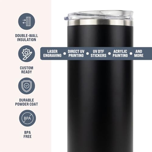 Hogg 20 oz Skinny - Black, Powder Coated Tumblers for Laser Engraving, Engravable Tumblers Bulk, Stainless Steel Cups Bulk, Insulated Cups with Lids - color: Black