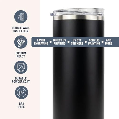 Hogg 20 oz Skinny - Black, Powder Coated Tumblers for Laser Engraving, Engravable Tumblers Bulk, Stainless Steel Cups Bulk, Insulated Cups with Lids - color: Black