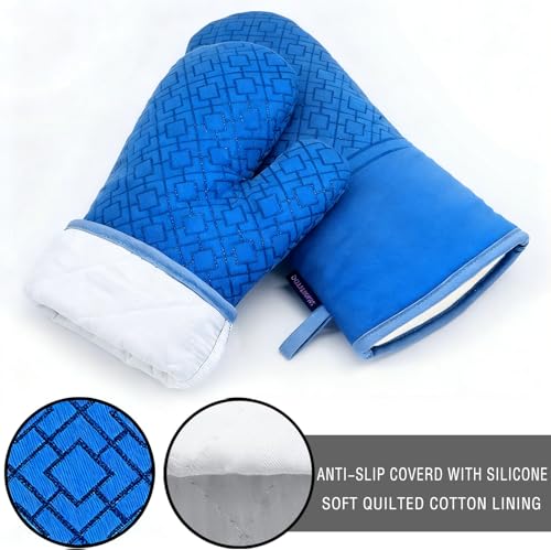Oven Mitts and Pot Holders Sets 6pcs, Kitchen Oven Glove,High Heat Resistant 550 Degree Extra Long Oven Mitts and Potholders with Non-Slip Silicone Surface for Home Essentials (Grey) (Navy Blue) - color: Navy Blue