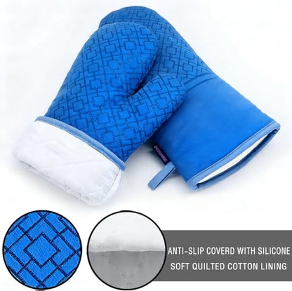 Oven Mitts and Pot Holders Sets 6pcs, Kitchen Oven Glove,High Heat Resistant 550 Degree Extra Long Oven Mitts and Potholders with Non-Slip Silicone Surface for Home Essentials (Grey) (Navy Blue) - color: Navy Blue