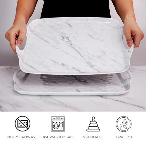 TP Melamine Serving Trays with Handles, 19" x 12", Set of 2, White Marble | Large Rectangular Trays, Serving platters, Turkey and Party Serving, Lightweight, Break-resistant - color: White Marble, size: 19" x 12"